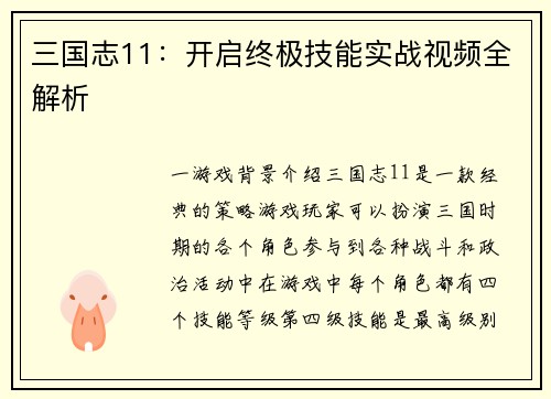三国志11：开启终极技能实战视频全解析