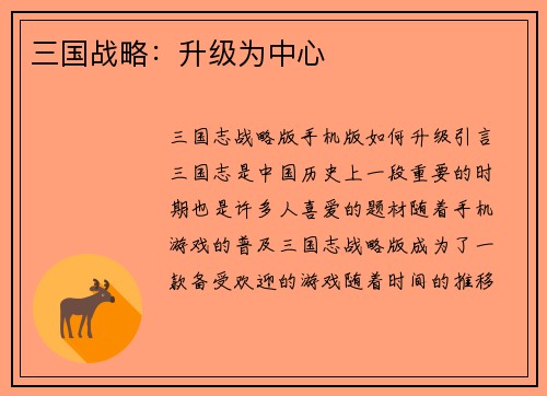 三国战略：升级为中心