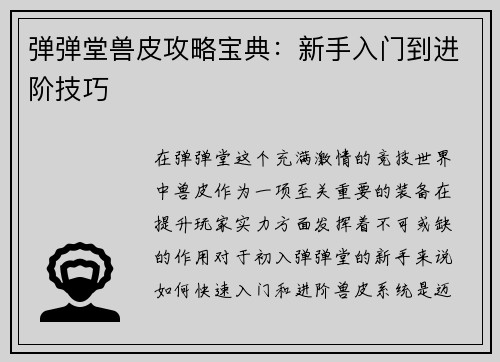 弹弹堂兽皮攻略宝典：新手入门到进阶技巧